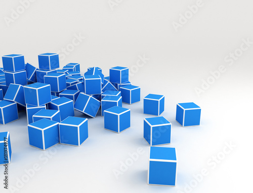 Blue 3d cubes scattered on white