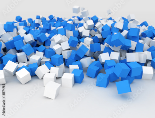 Falling blue and white cubes in a big pile