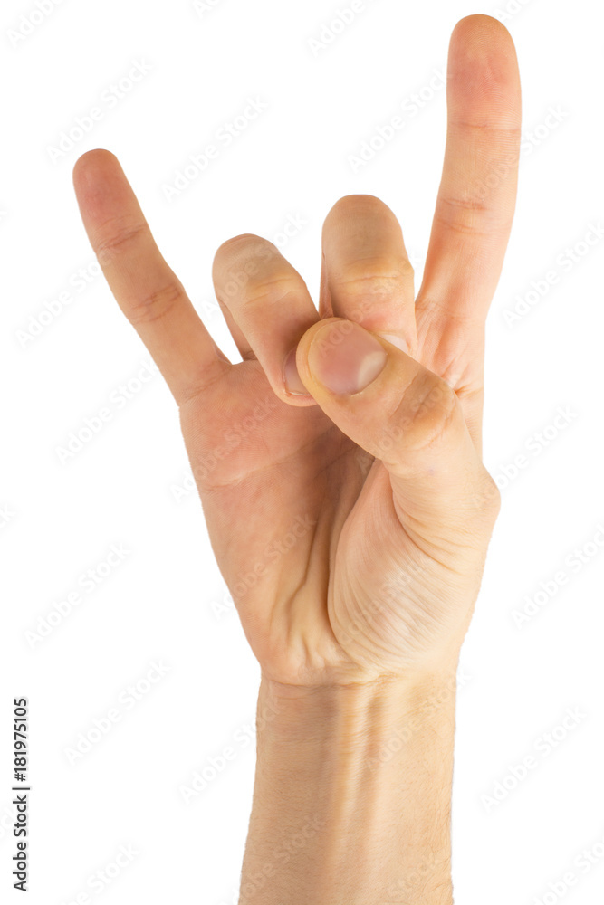 Man hand rocker on Isolated white background. Hand giving horns gesture Man hand rocker on Isolated white background. Hand giving horns gesture