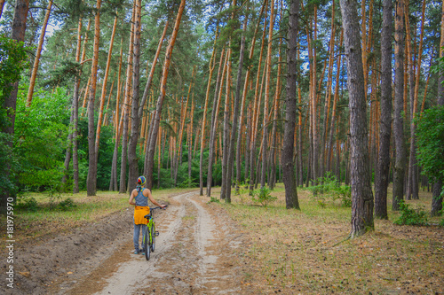 Girl with a bicycle in a pine forest on a sandy road. Woman walking with bicycle in pine forest.