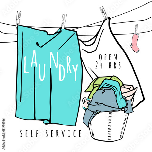 Laundry basket, colored clothes and clothespins. Hand drawn vector illustration.