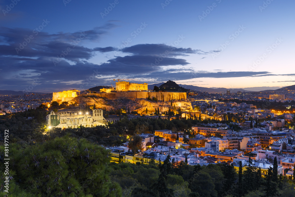 View of Athens from Filopappou hill at sunrise, Greece. 
