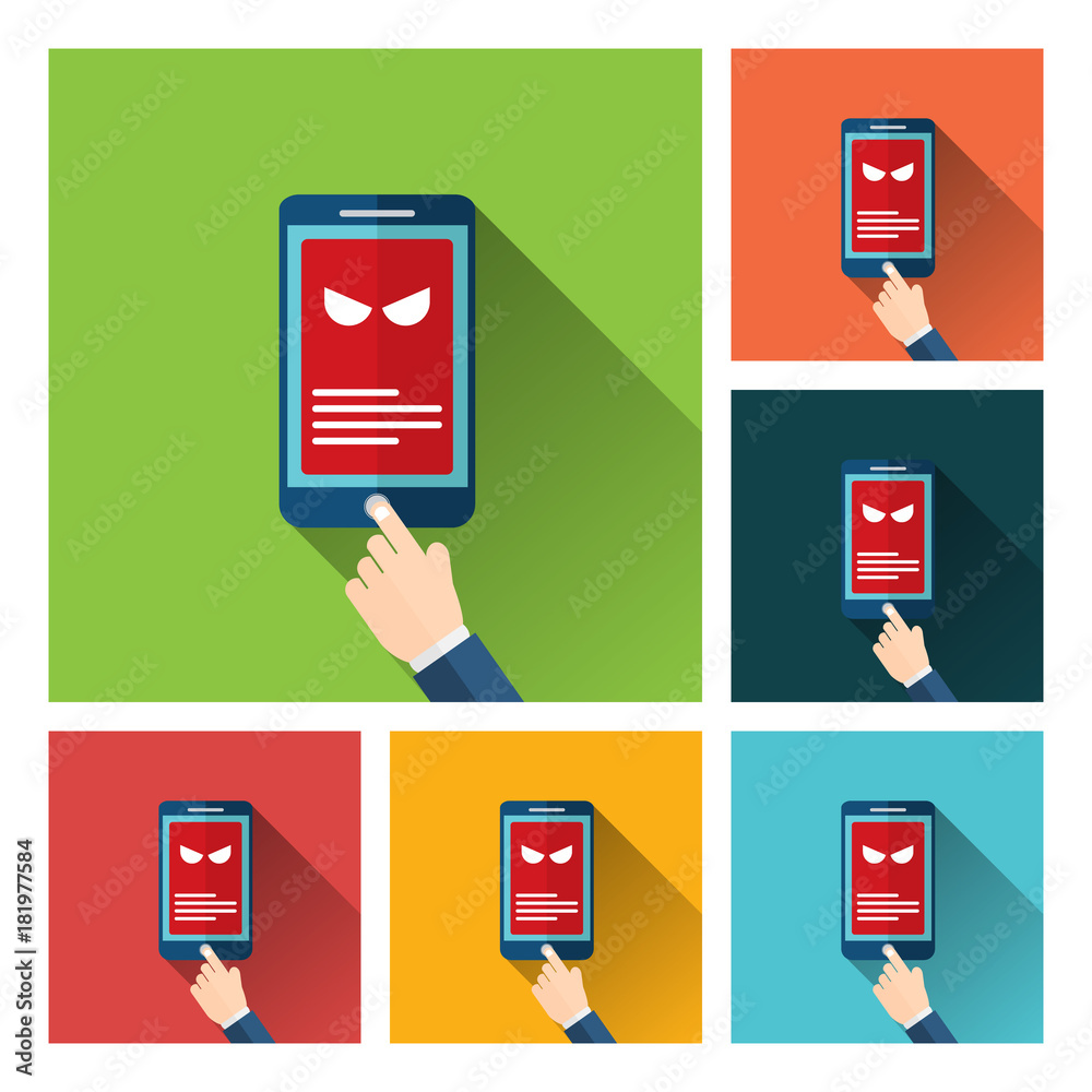 Malware notification on smartphone vector, flat style mobile phone with skull bones bubble speech red alert, concept of spam data, fraud internet error message, insecure connection, online scam, virus Malware notification on smartphone vector, flat style mobile phone with skull bones bubble speech red alert, concept of spam data, fraud internet error message, insecure connection, online scam, virus