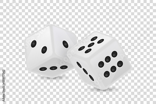 Vector illustration of white realistic game dice icon in flight closeup isolated on transparency grid background. Casino gambling design template for app, web, infographics, advertising, mock up etc