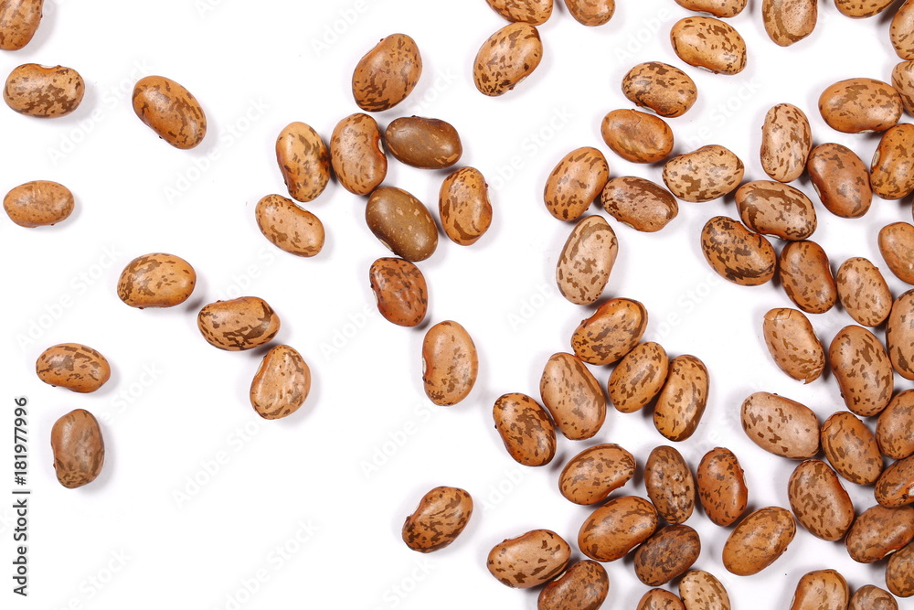 Raw brown beans isolated on white background, top view