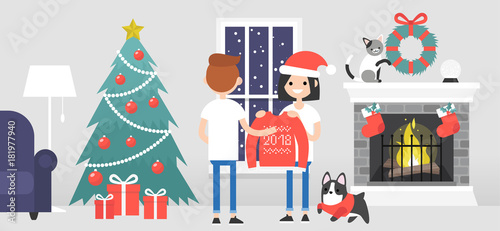 Merry christmas. A couple of young characters celebrating the Xmas. Decorated guest room with a fireplace. Pets. Cozy interior. Flat editable vector illustration, clip art © nadia_snopek