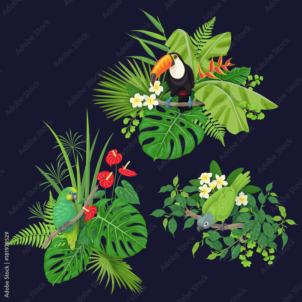 Naklejka premium Green Parrot and Toucan on Tree Branch
