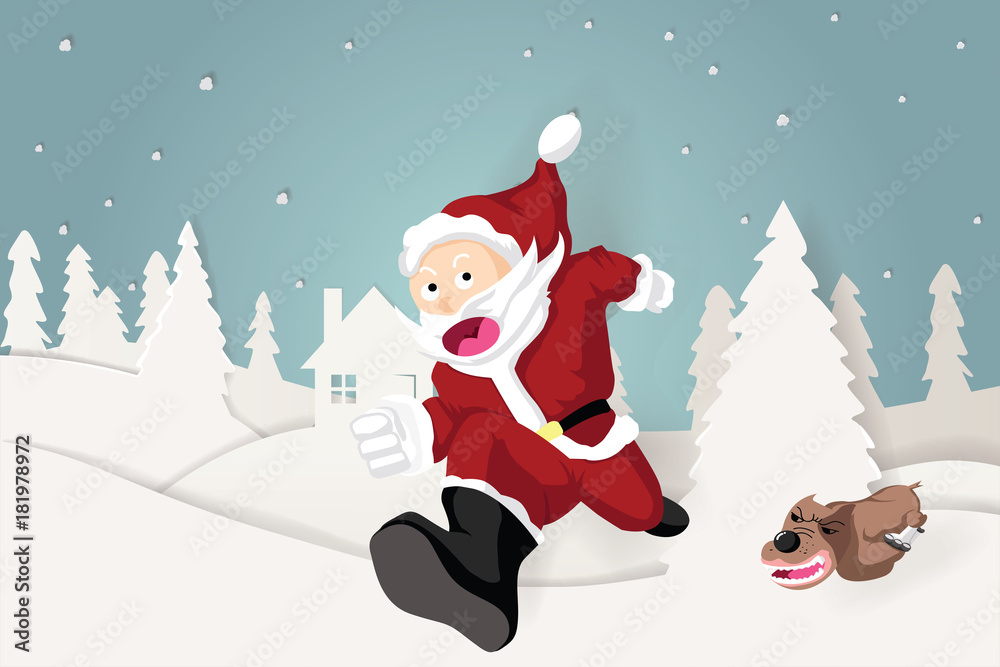 illustration of the dog run to chase santa claus in christmas eve