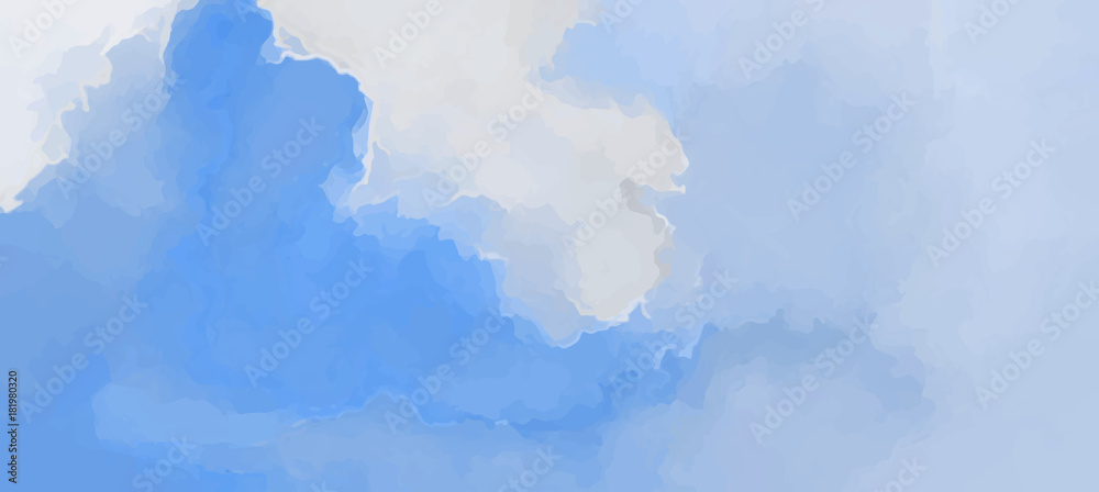 Fototapeta premium Fantasy soft blue clouds, gouache. Sky painted background in pastel color. Abstract vector illustration. 