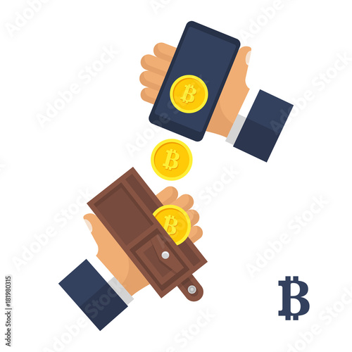 Bitcoin concept. Crypto currency blockchain. Cryptocurrency technology, bitcoin exchange, bitcoin mining. Electronic money is falling from smartphone wallet in hand. Vector design. Isolated on white.