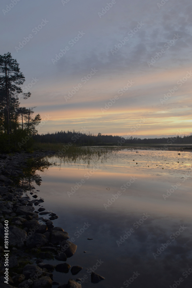 Sunset on the river in Karelia