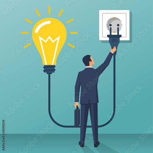 Connect idea. Businessman holding lightbulb, cord electrical plug connected to power outlet. Plug in to wall socket. Business solution. Vector illustration flat design. Isolated on background.