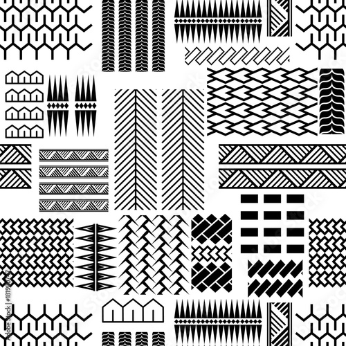 Black and white mayan embroidery seamless vector pattern. Monochrome geometric abstract repeat background with lines and shapes.
