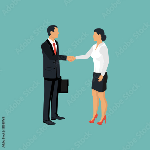 Handshake men and women. Meet business partners, stylish man in suit, woman. Business people male and businesswomen. Vector illustration flat design. Isolated on background. Symbol of successful deal.