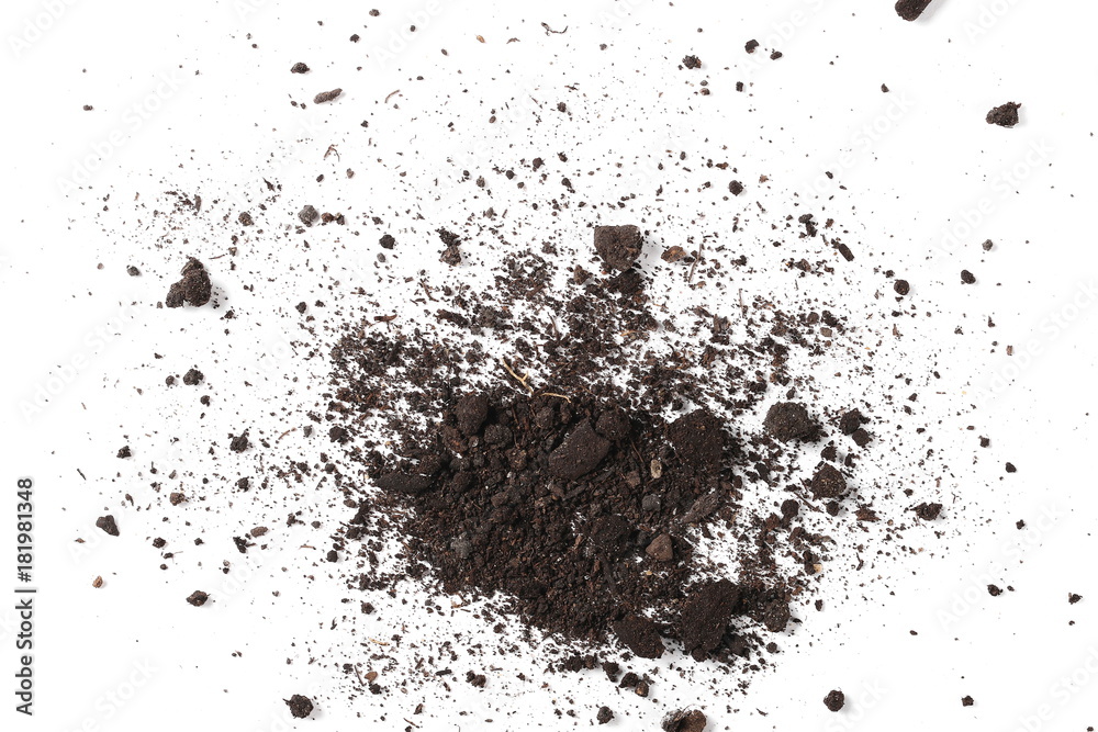 Dirt, soil pile isolated on white background, top view