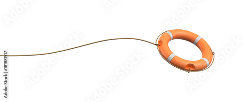 3d rendering of a single orange life buoy on a white background hanging from a long rope in motion.