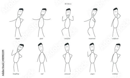Emotions of a simple draw man: happiness, gladness, satisfaction, surprise, confusion, sadness, anger, winking