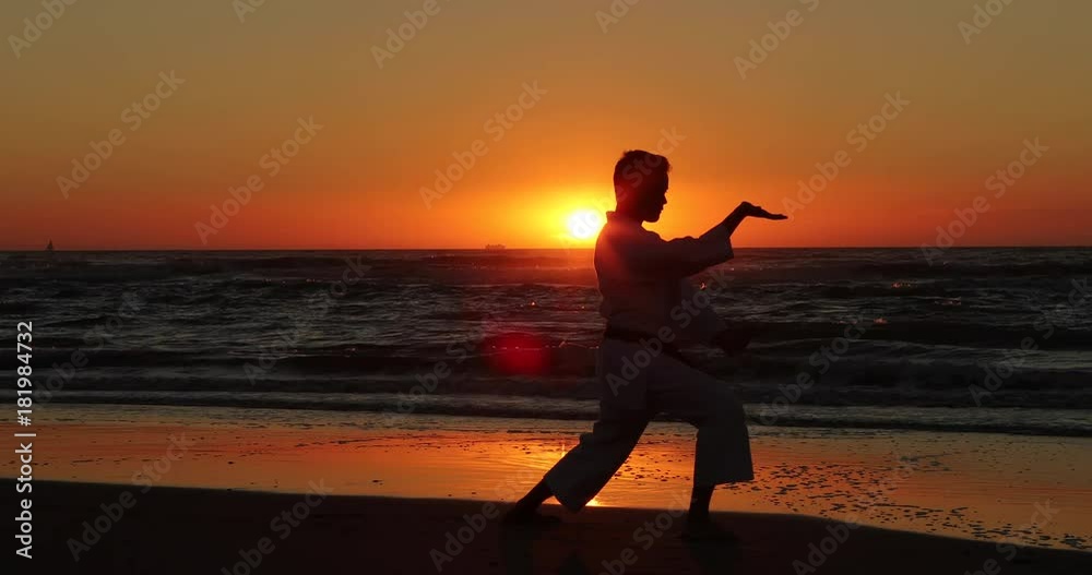 Silhouetted karate kata on the beach by a teenager Silhouetted karate kata on the beach by a teenager