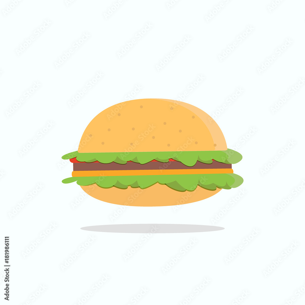 Vector hamburger icon with steak, cheese, tomatoes, and salad. flat cartoon style. Illustration for design fast food menu. Illustration