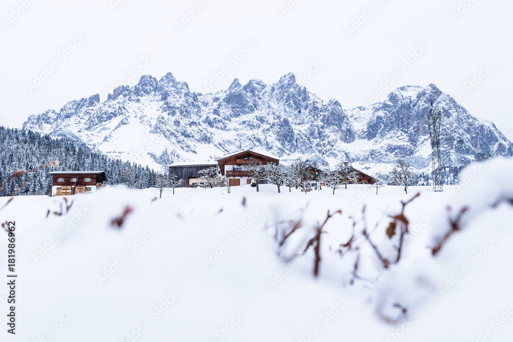 Fototapeta premium Wilder Kaiser mountainrange with snowheap, Going am Wilden Kaiser, Tyrol, Austria