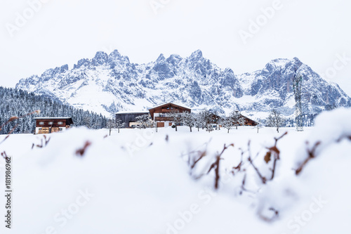 Wilder Kaiser mountainrange with snowheap, Going am Wilden Kaiser, Tyrol, Austria