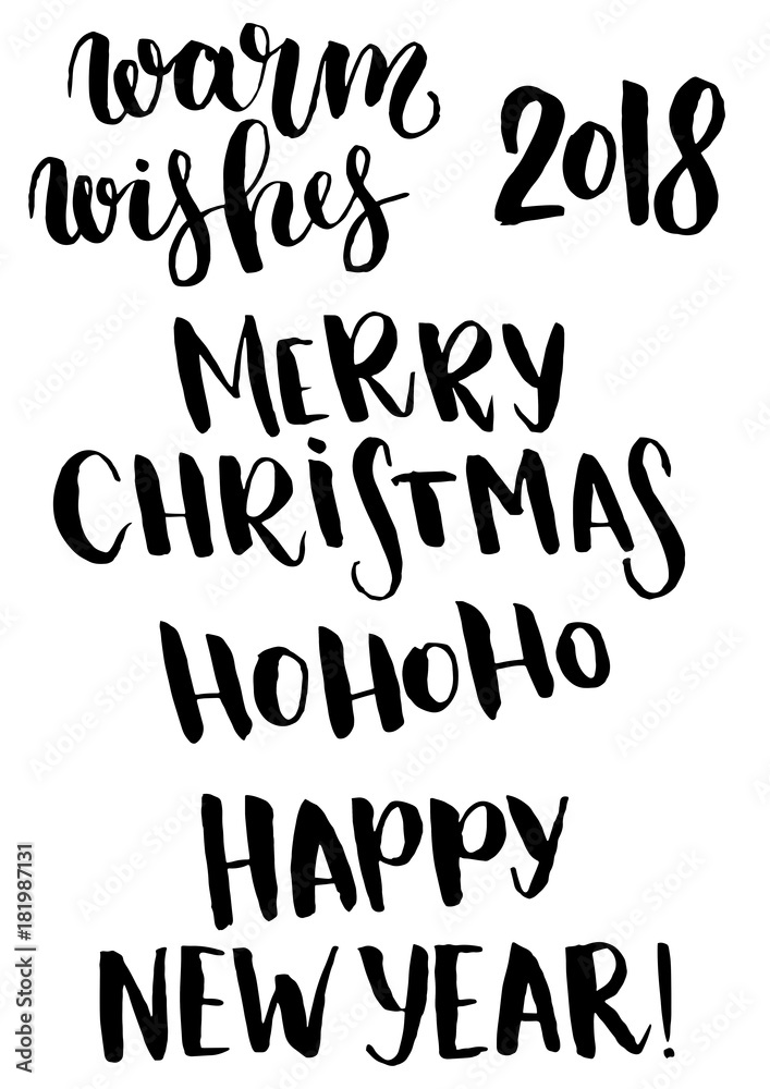 Vector Christmas phrase set. Hand painted Christmas lettering. Holiday text. Happy New year. Merry Christmas. Ho ho ho. Warm wishes. 2018