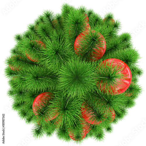 Christmas tree - top view - decorated with red Christmas balls - isolated on white