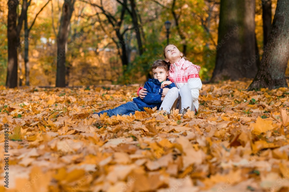 A happy family having fun in the park in autumn walking and hugging. Family, love, happiness concept. sister and a little cute brother hugging A happy family having fun in the park in autumn walking and hugging. Family, love, happiness concept. sister and a little cute brother hugging