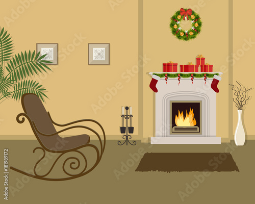 Beige living room with fireplace, decorated with Christmas decorations. The room also has a rocking chair, a vase with decorative branches and pictures on the wall. Vector illustration.