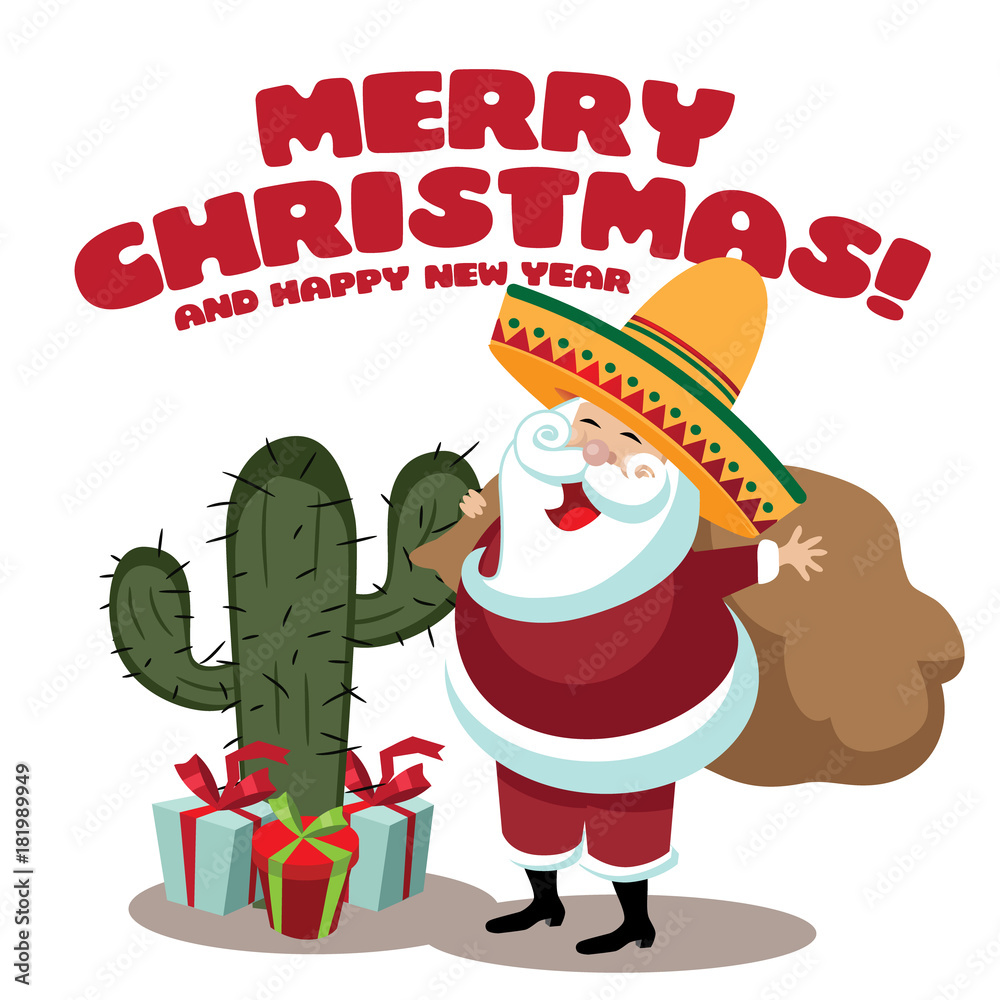 Merry Christmas in a desert climate with cartoon cactus and Santa Claus ...