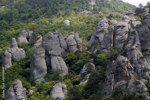 Amazing rock shapes on the slope of the mountain South Demerdzhi (Ghost valley), Crimea 