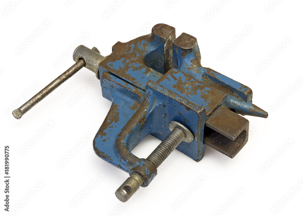 Blue steel vise on white background Blue steel vise on white background