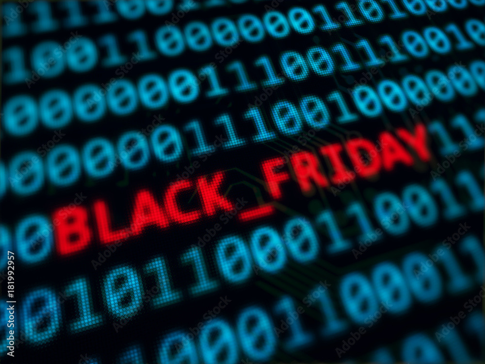 Black Friday red text between blue binary data on pixels screen 3D rendered with depth of field Black Friday red text between blue binary data on pixels screen 3D rendered with depth of field