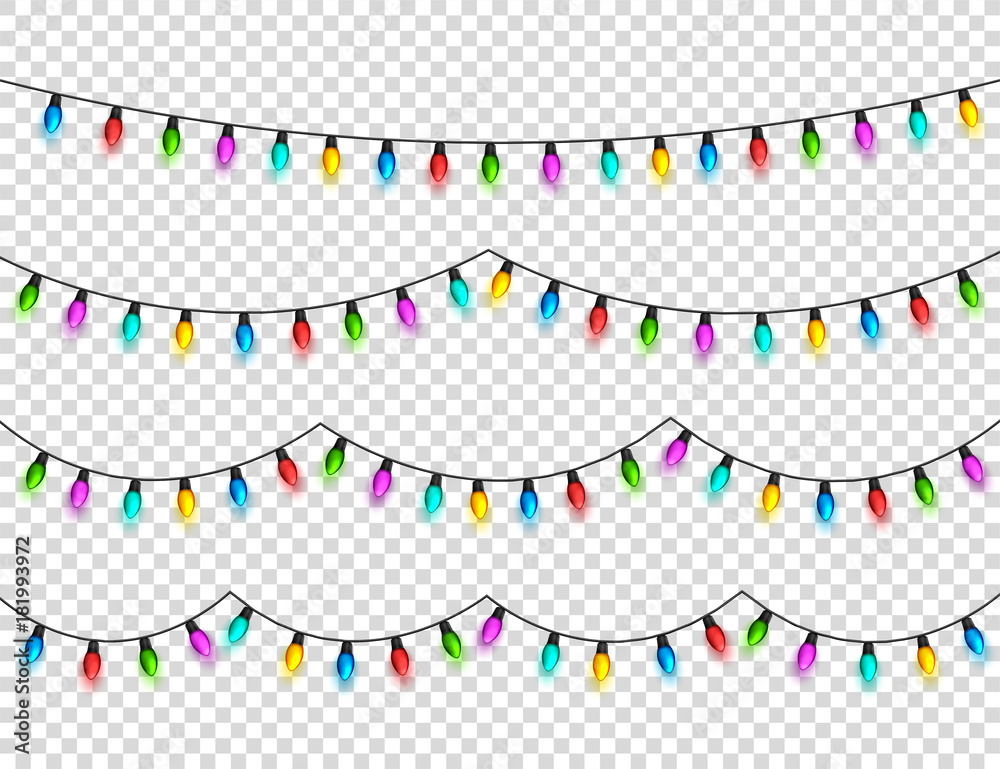 Fototapeta premium Christmas glowing lights on transparent background. Garlands with colored bulbs. Xmas holidays. Christmas greeting card design element. New year,winter.