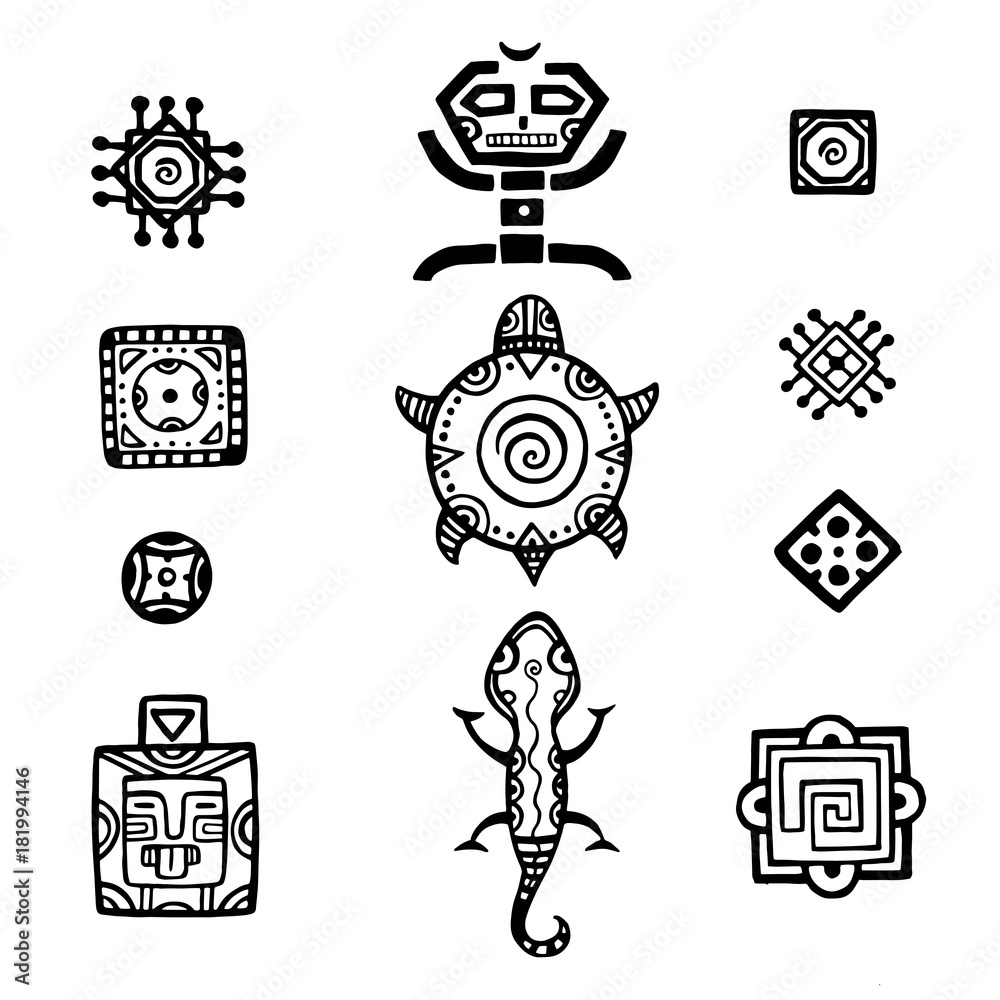 Ancient mexican vector mythology symbols. american aztec, mayan culture native totem patterns. Aztec and mexican tattoo, illustration of mayan symbol tattoo. For your design. Stock Vector