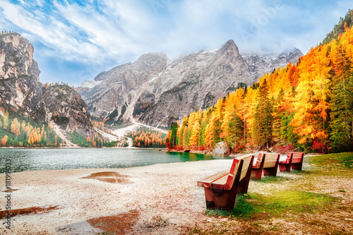 Lake Braies in Italy, South Tyrol area, original Italian name is Lago di Braies. National park Parco naturale di Fanes-Sennes-Braies. Beautiful autumn scenery. Popular and famous travel destination. photo