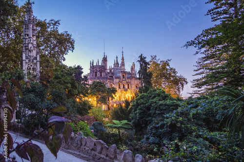 Quinta da Regaleira Palace at dusk in Sintra, near Lisbon, Portugal.