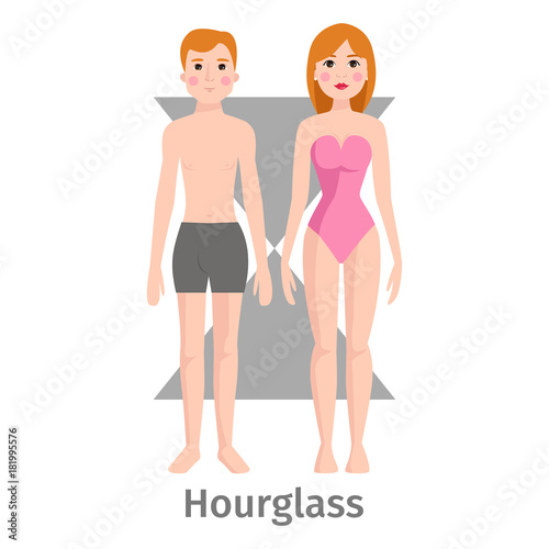 Vector illustration hourglass body shape types characters standing beauty figure cartoon model.