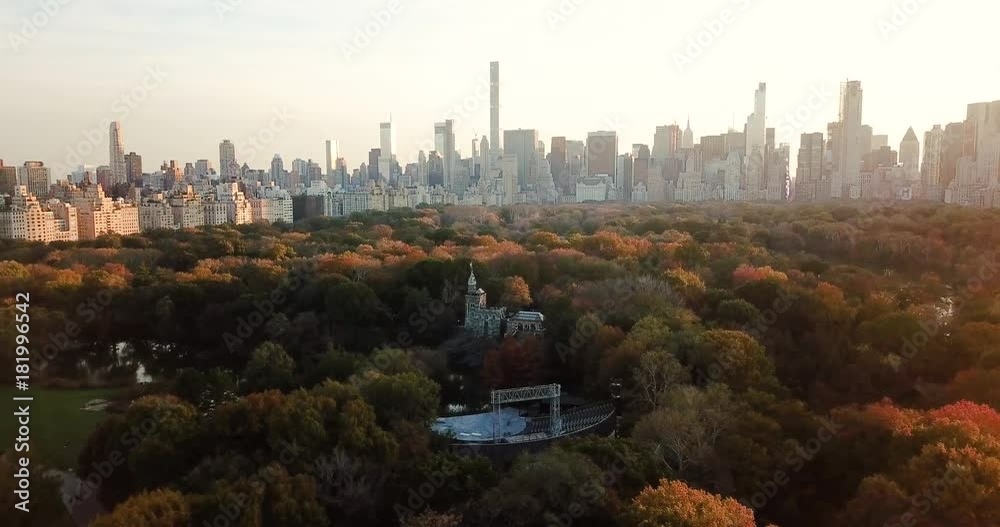 New York panorama from Central park at sunset aerial view