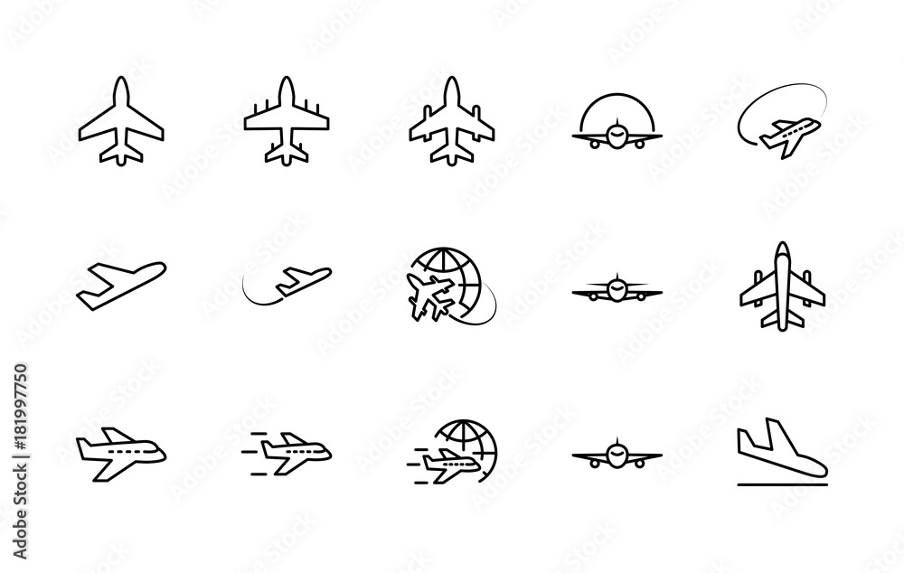 Fototapeta Zestaw ikon wektorowych linii samolotu. Zawiera symbole do samolotów, globusów i innych. Ruch edytowalny. 32 x 32 piksele.