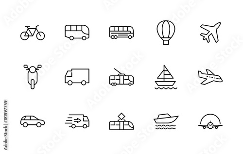 Set of Public Transport Related Vector Line Icons. Contains such Icons as Bus, Bike, Scooter, Car, balloon, Truck, Tram, Trolley, Sailboat, powerboat, Airplane and more. Editable Stroke. 32x32 Pixel