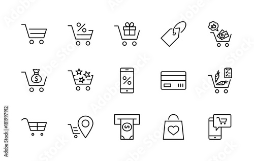 Shopping Cart Vector Line Icons Set: Money, ATM, List Products, Vegetables, Bank Card, Terminal, Bag, Favorite Shopping, Gifts, Express Checkout, Mobile Shop and more. Editable Stroke. 32x32 Pixel