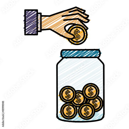 hand saver with glass jar and coins money vector illustration design