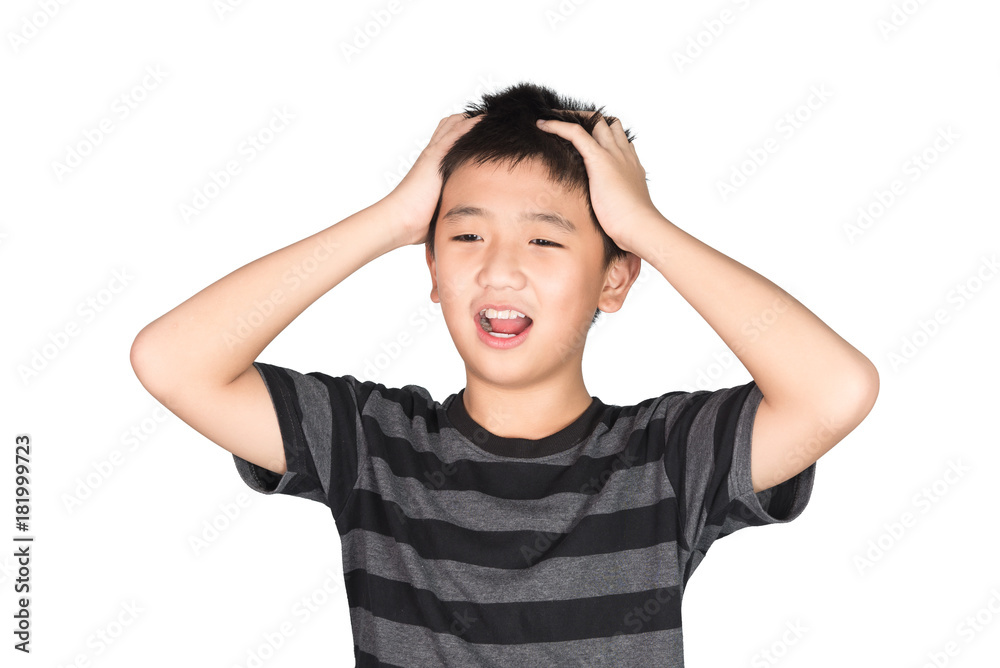 Asian boy kid holding his head frowning with screaming. pulling his hear for fake worry, sadness, desperation, funny, isolated on white background Asian boy kid holding his head frowning with screaming. pulling his hear for fake worry, sadness, desperation, funny, isolated on white background
