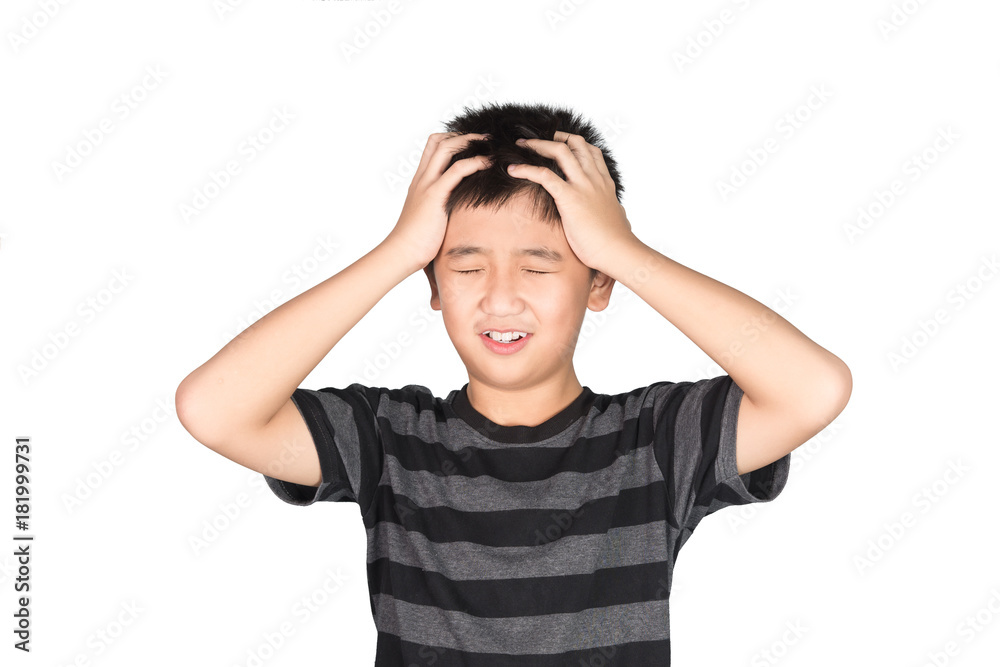 Asian boy kid holding his head frowning with screaming. pulling his hear for fake worry, sadness, desperation, funny, isolated on white background Asian boy kid holding his head frowning with screaming. pulling his hear for fake worry, sadness, desperation, funny, isolated on white background