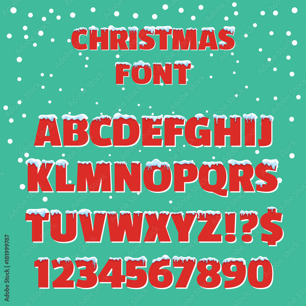 Christmas holiday vector red font. Christmas font with snow and ice