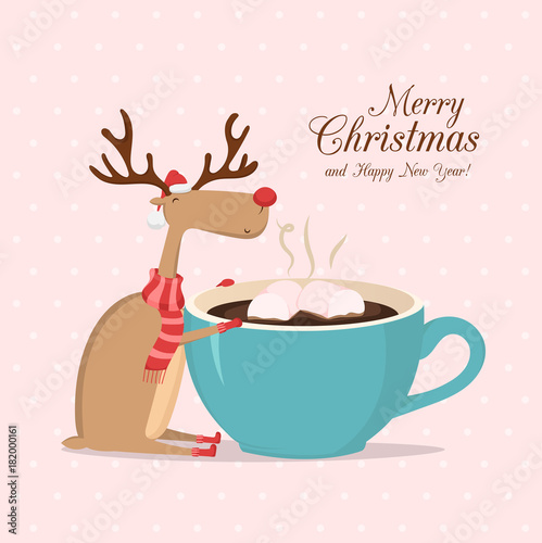 Vector pink greeting card with reindeer and cup of coffee. Merry Christmas and Happy New Year