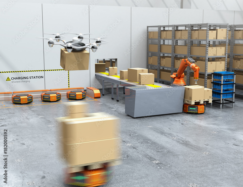 Modern warehouse equipped with robotic arm, drone and robot carriers ...