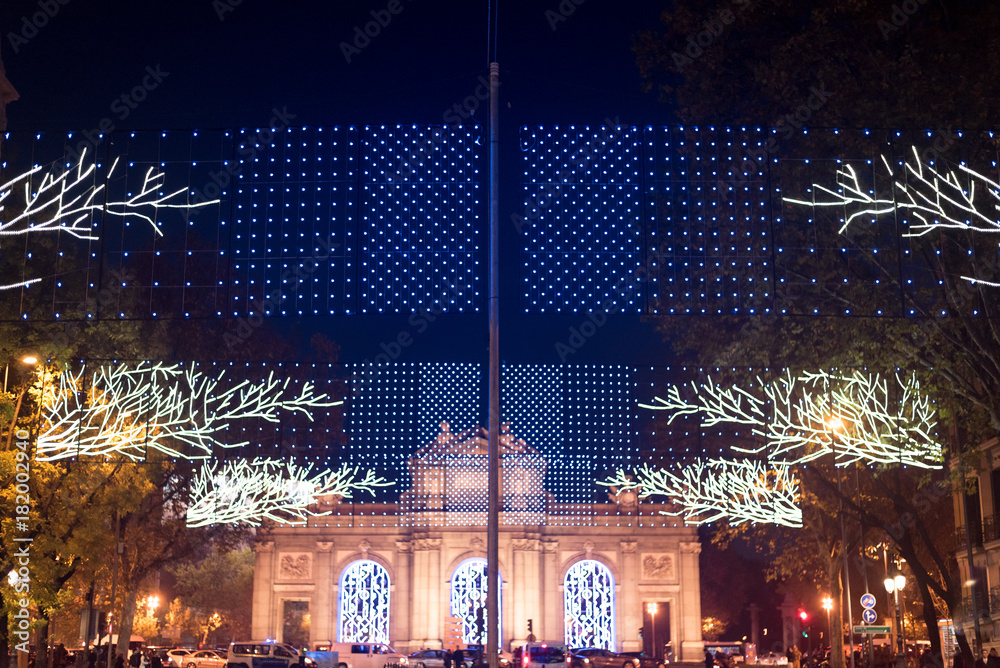 Christmas decorations in Madrid by night   .
