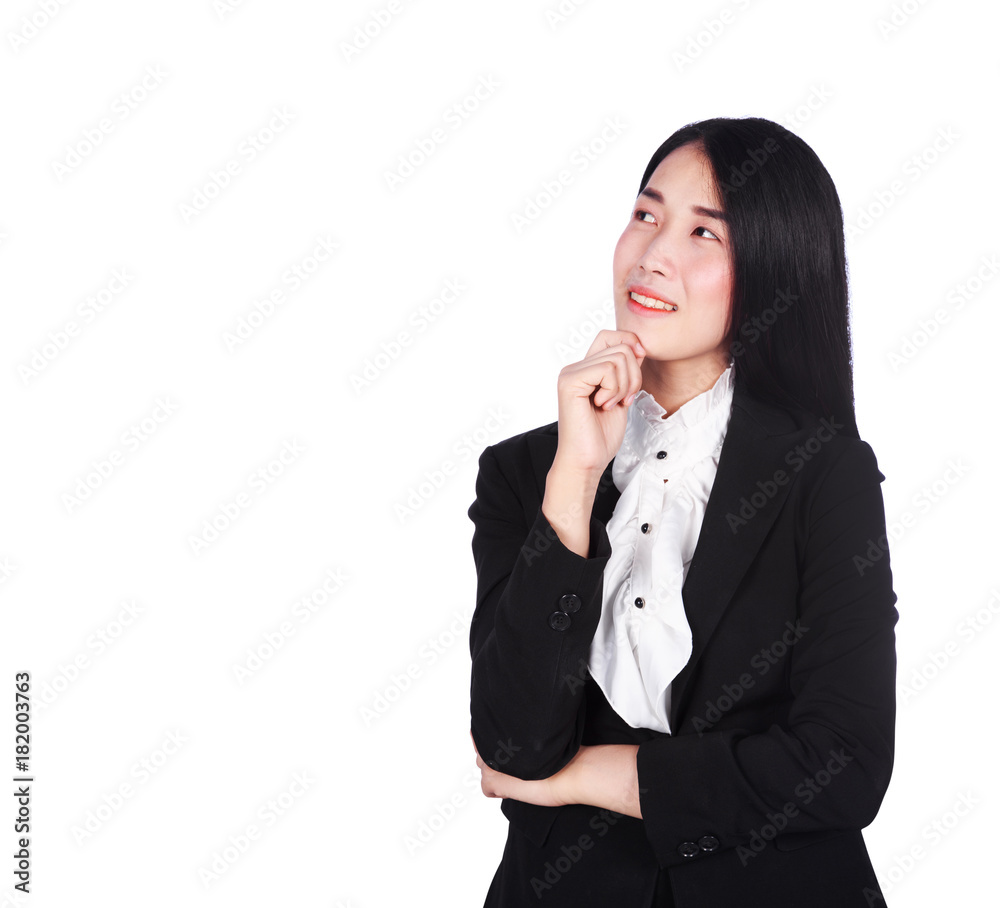 business woman smiling and thinking isolated on white background business woman smiling and thinking isolated on white background